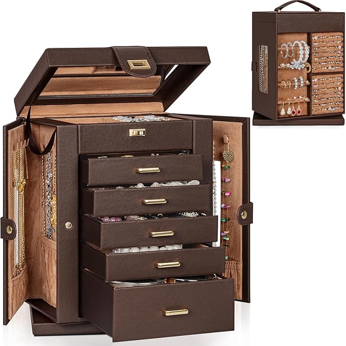 AKOZLIN 360° Rotating Jewelry Box 6-Tier Organizer Functional 360° Rotating Jewelry Storage Case for Women Girls Ring Necklace Earring Bracelet Holder with Mirror Brown