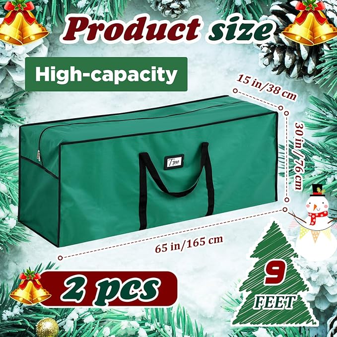 Paterr 2 Pack 9 ft Large Christmas Tree Storage Bag, 600d Waterproof Oxford Heavy Duty Artificial Christmas Tree Container Trees Storage Holder Bag Box with Reinforced Handle Dual Zipper(Green)