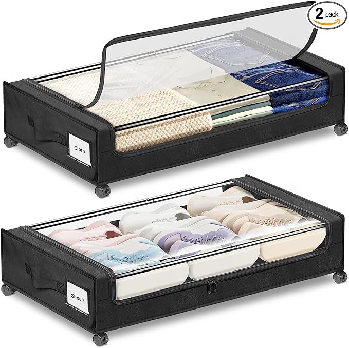 kleenhive Under Bed Storage with Wheels 2-Pack，Under Bed Storage Containers XXL，Underbed Shoes Storage with Clear Lid,Rolling UnderBed Metal Drawer for Clothes Blankets Easy Pull-out Black