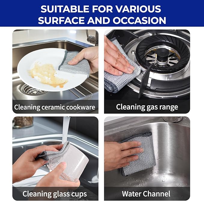 Wangjinpeng 12 PCS 3-Layer Non-Scratch Multipurpose Steel Wire Dishcloths - Reusable Quick-Dry Odor-Free Scrub Cloths for Dishes, Kitchen Cleaning Cloths for Cookware, Sinks, Stove Tops(7.87X7.87)