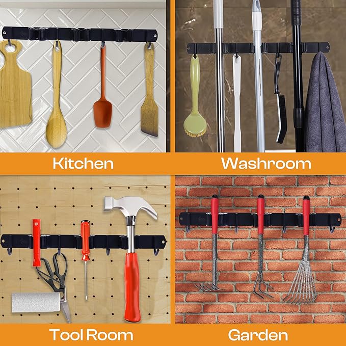 Heavy-Duty Stainless-Steel Broom Holder Wall Mount with 3 Racks and 4 Hooks | Waterproof Mop and Broom Hanger | Adjustable, Garage & Garden Tool Organizer | Black