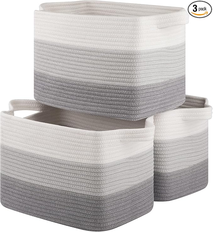 Storage Baskets for Organizing, Woven Baskets for Shelves, Rectangle Decorative Organizer for Storage Clothes, Toy, Books, Towels Nursery Bins 3 Pack (Gradient Grey, 15.75"x11.8"x9.85")
