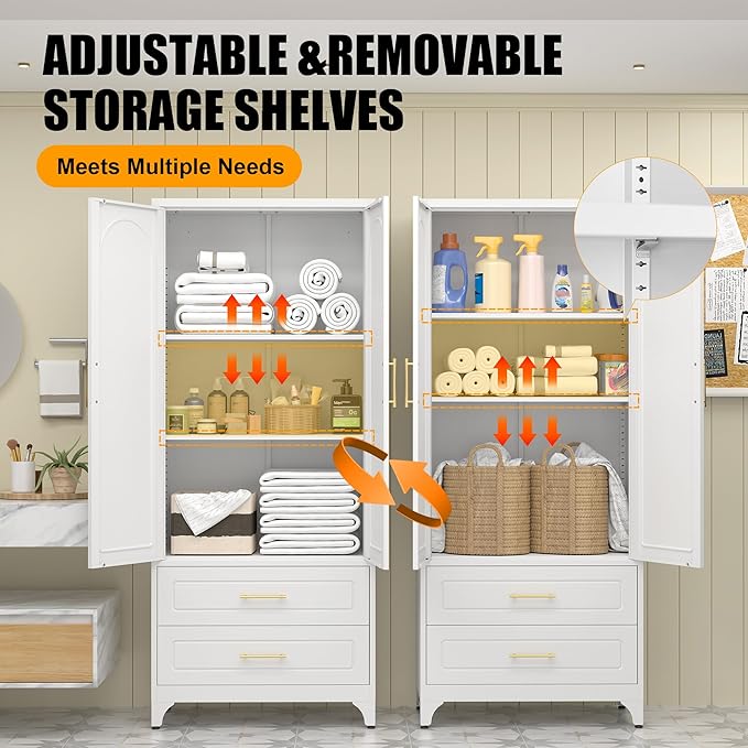Metal Storage Cabinet with Doors and Shelves, 75" Tall Kitchen Pantry Storage Cabinets with 2 Drawer, White Food Pantry, Steel Office Cabinet, Large Cupboard, for Kitchen, Dining, Living Room