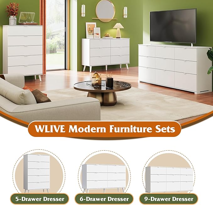 WLIVE White Dresser for Bedroom, 47'' Wide 6 Drawer Wooden Chest of Drawers, Modern Dresser Storage Organizer, TV Stand for 55 inch TV, for Living Room, Hallway, Closet