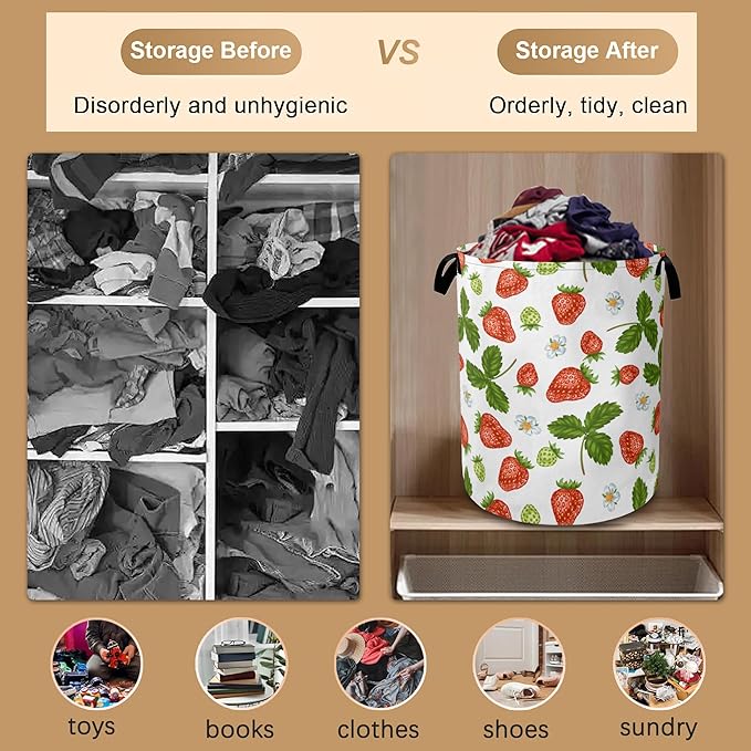 Strawberry Laundry Hamper,Collapsible Laundry Baskets,Flowers Leaf Dirty Clothes Baskets with Handles,Oxford Cloth Hamper for Bedroom,Bathroom,College Dorms, 16"x20"
