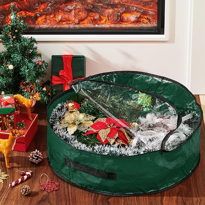 4 Pcs Christmas Wreath Storage Bag, Christmas Garland Storage Container with Clear Window, Zipper & Handle for Xmas Holiday Seasonal Wreath Garland Box(Green,30")