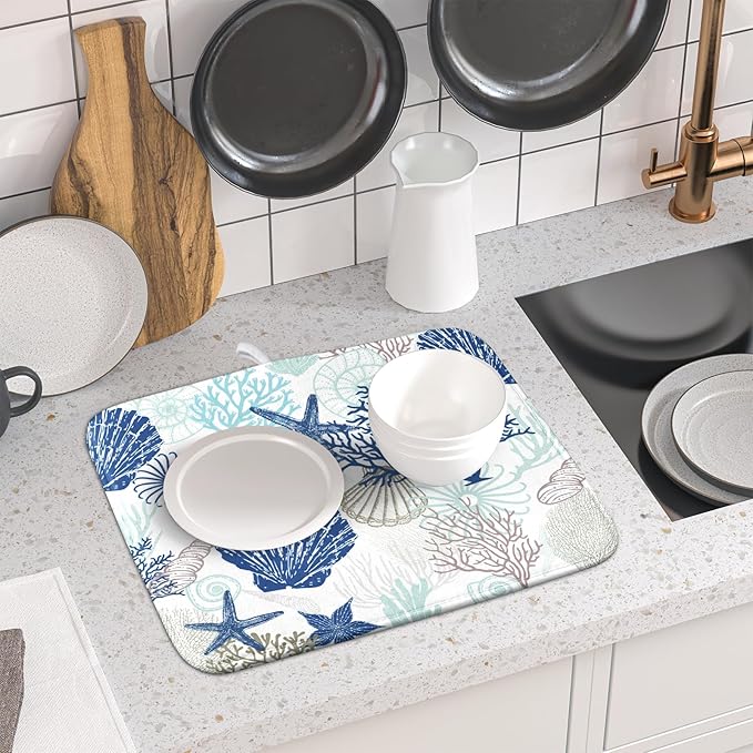 Summer Navy Blue Dish Drying Mat for Kitchen Counter 16×18 Inch Coral Drainer Pad Washable Starfish Dish Rack Pad Drainer Mat Beach Absorbent Reversible Microfiber Dish Drying Pad for Coffee Bar