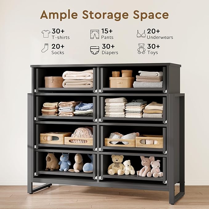 Fluted Dresser for Bedroom with 8 Drawers, 50" Wide Chest of Drawers with Raised H Legs and Curved Profile Design, Wood Closet Clothes Storage Organizer for Bedroom, Hallway, Black