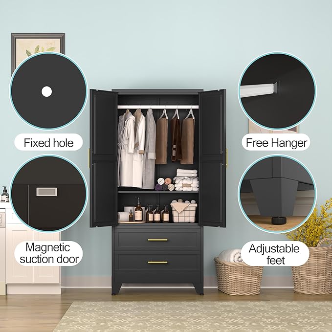 Metal Armoire Wardrobe Closet, 71 "Metal Clothing Storage Cabinet with Adjustable Shelves and Hanging Rod, Household Steel Wardrobe Storage Cabinet with Drawers (Armoire-Black)