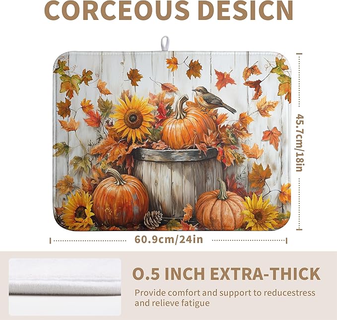 Wnoesat Fall Dish Drying Mat for Kitchen Counter Pumpkin Sunflower Maple Leaf Birds Drying Mats Autumn Thanksgiving Harvest Dish Drainer Mat Absorbent Microfiber Dishes Pad Large 18x24 Inch