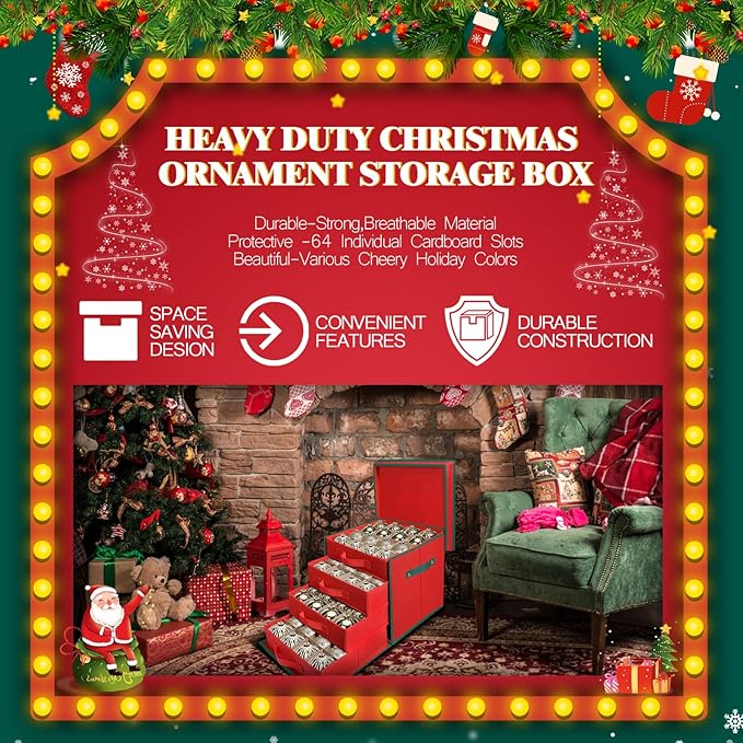 WDZREE Premium Large Christmas Ornament Storage,Box with Side Open, Drawer Style Trays - 3" Compartment, 4 Trays, Keeps 64 Holiday Ornaments -Made of Durable 600D Oxford Fabric Tear-Proof Material