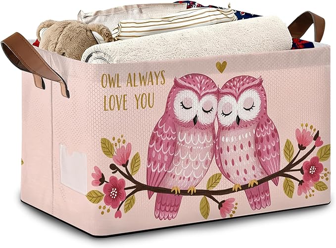 Pink Owl Storage Baskets,Flowers Foldable Organizer Bin with Handles for Home Living Room Bedroom Closet Box 17x11.5x10Inch