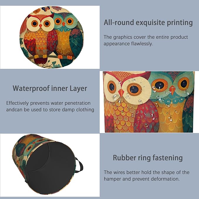 Cute Owl Laundry Basket,Foldable with Handles Tote Bag Oxford Cloth for Bathroom Bedroom Dirty Clothes Storage Bucket 16" x 20.8"