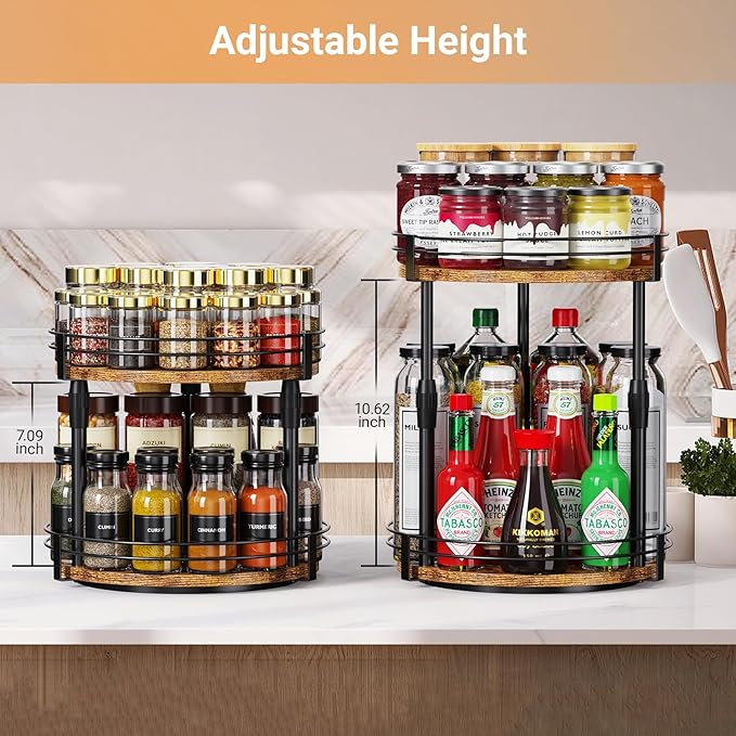 Across-Star Lazy-Susan-Organizer-Spice-Rack, 2-Tier Rotating Spice Organizer For Kitchen-Cabinet-Countertop-Pantry, Turntable Seasoning Holder Storage Shelf With Adjustable Height