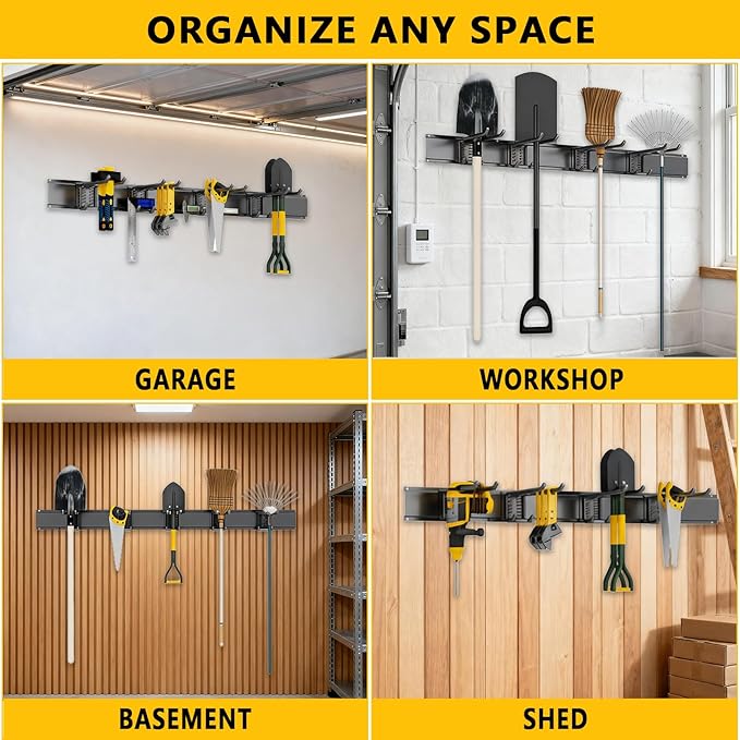 Tebgeag Garage Tool Organizer Wall Mount, 48inch Heavy-Duty Garage Storage System and Garden Tool Organizer with 7 Adjustable Hooks for Shovel, Snowboard, Yard Tools and Shed