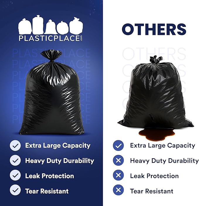 Plasticplace Trash Bags 32-33 Gallon │ 2.3 Mil │ Black Extra Heavy Garbage Bag │ 33” x 39” (100 Count) (W33LDB3)