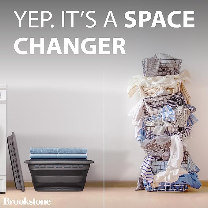 BROOKSTONE, 11 GALLONS - [OUR LARGEST BASKET EVER] 24" Collapsible Laundry Basket, Comfort Non-Slip Grip Handles, Minimalist Space Saving Design, Portable Pop-Up Hamper, [BPA FREE] Dark Grey