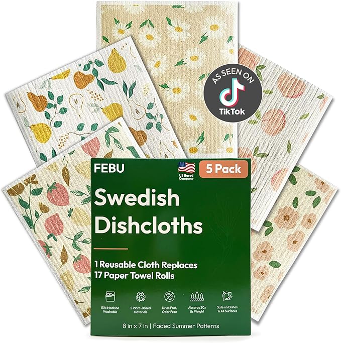 FEBU Swedish Dishcloths for Kitchen | 5 Pack Faded Summer Reusable Paper Towels Washable | Swedish Dish Towels | Non-Scratch Cellulose Sponge Cloths | No Odor, Biodegradable Cleaning Cloths