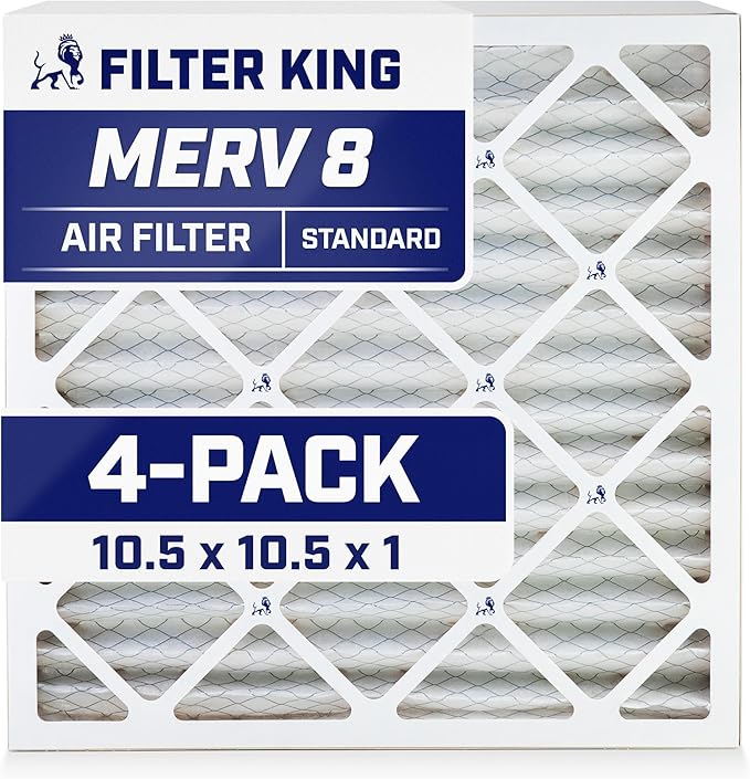 Filter King 10.5x10.5x1 Air Filter | 4-PACK | MERV 8 HVAC Pleated A/C Furnace Filters | MADE IN USA | Actual Size: 10.5 x 10.5 x .75"