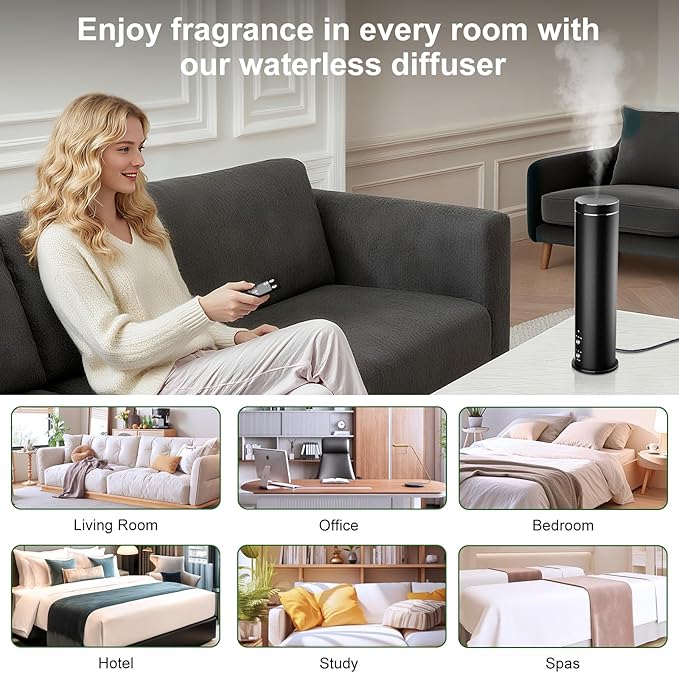 Waterless Essential Oil Diffuser Large Room Scent Diffuser for Home, Office, Hotel and Spas - Aromatherapy Diffuser Fragrance Oil Machine, Remote Control, Timer, Black