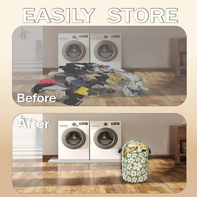 70s Groovy Flower Laundry Hamper,Green Floral Collapsible Laundry Baskets,Waterproof Oxford Cloth Laundry Room Organization for Bedroom,Bathroom,Nursery,16x20 Inch