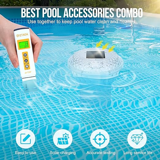 Solar Pool Chlorine Floater with Lights and Pool Water pH Testing Kit, Pool Lights Floater with Hot Tub pH Tester, Adjustable Chlorine Dispenser with Digital Thermometer for Swimming Pool Spas