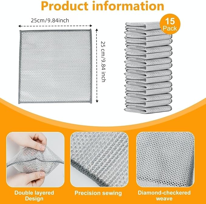UFOGIFF Extra-Large Size Multipurpose Wire Dishwashing Rag,Non Scratch Wire Dishcloth, Reusable Steel Wool Scrubber,Non-Scratch,Quick-Drying,Multi-Purpose for Kitchen,Bathroom Cleaning (15)