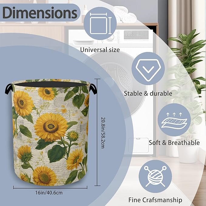 Vintage Sunflowers Laundry Basket,Oxford Cloth Laundry Hamper with Handle Foldable Portable Clothes Storage Basket for Bathroom Bedroom Dorm Room 16" x 20.8"