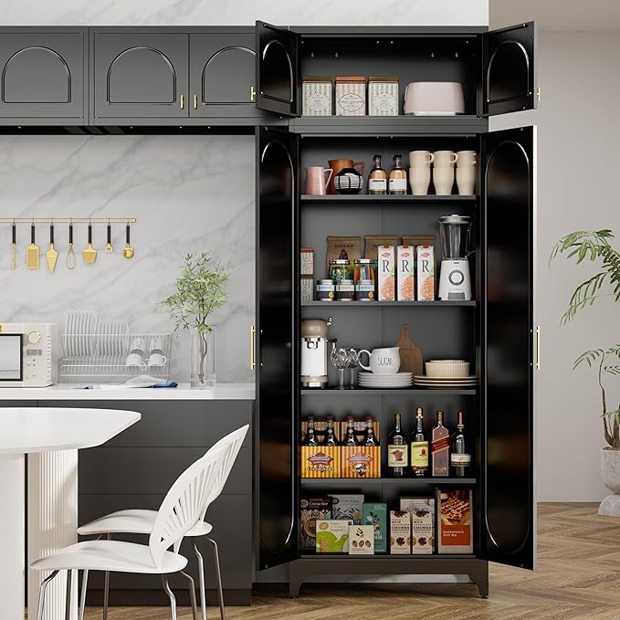 Metal Storage Cabinet with Doors and Shelves, 90" Tall Kitchen Pantry Storage Cabinets, Balck Pantry Closet, Steel Large Cupboard, High Leveling Feet- Assembly Required
