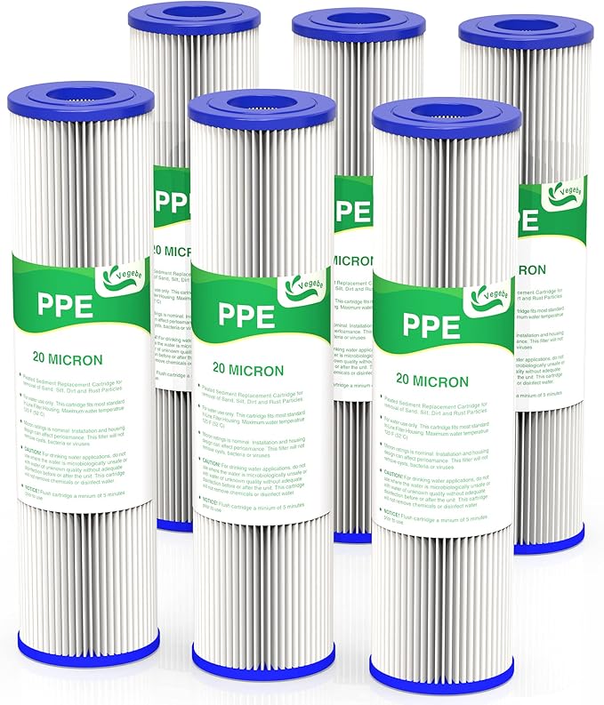 VEGEBE 20 Micron Water Filter 10" x 2.5", 10-inch Whole House Sediment Pre-Filters for Well & Tap water, Replacement Cartridge for FXWPC, EQ-PFC35, ECP5-10, S1, 3WH-STDPL-F02, SPC-25-1005, 6-Pack
