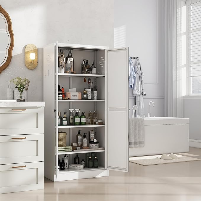 Kitchen Pantry Cabinet, 61" H Storage Cabinet with Doors and Adjustable Shelves, Metal Bathroom Cabinets, Utility Cabinets for Kitchen, Garage, Assemble Required, White