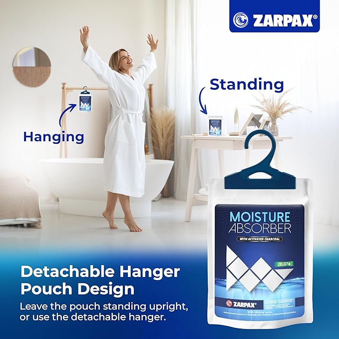 Zarpax Moisture Absorber Sachets Activated Charcoal 7.5 oz/212g - Remove Excess Moisture In Air & Odor - Desiccant Dehumidifier for Closet, Drawer, Storage - Dampness & Humidity Control - Set of 5