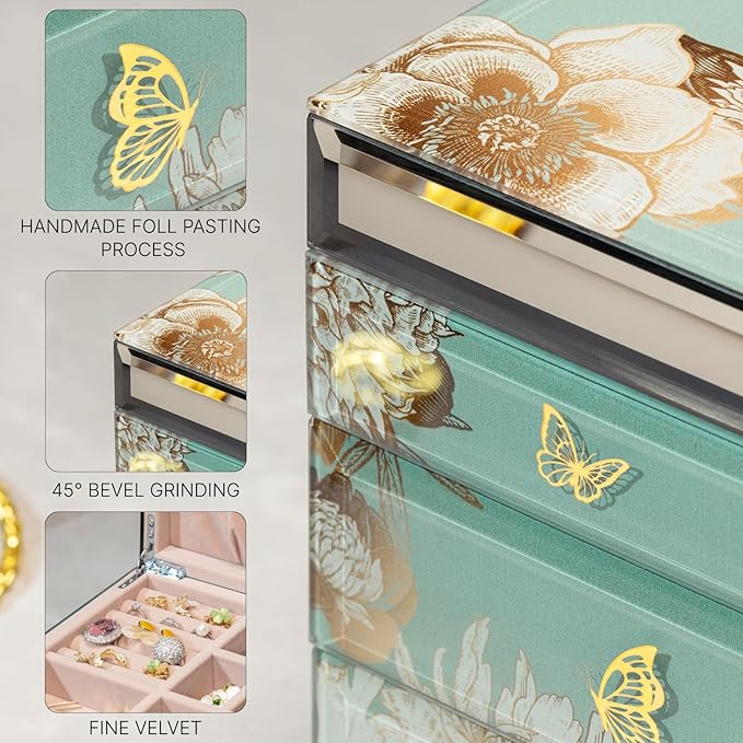High End Glass Jewelry Box - 3 Layer Jewelry Organizer - Velvet-Lined Case For Ring, Necklace, Earring, Bracelet Storage - Green Floral and Bird - Valentine's Day Gifts For Women