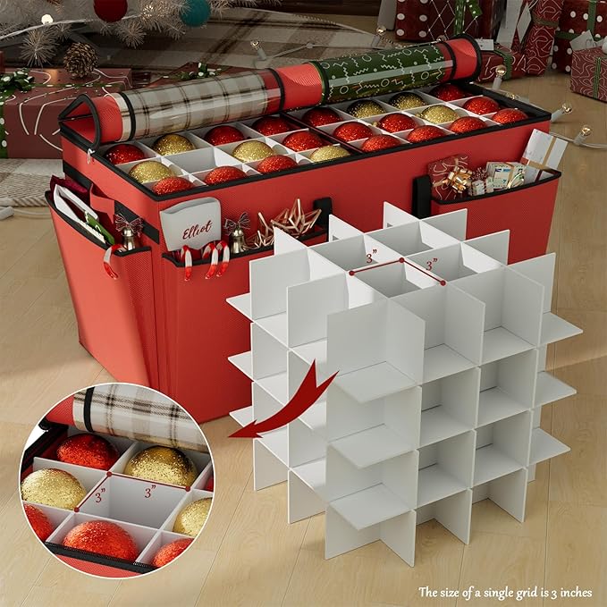 VERONLY Christmas Ornament Storage Box with 8 Trays, Christmas Storage Container for 128-3'' Holiday Ornament Decorations, Large Xmas Organizer with Adjustable Dividers, Dual Zipper and Pocket