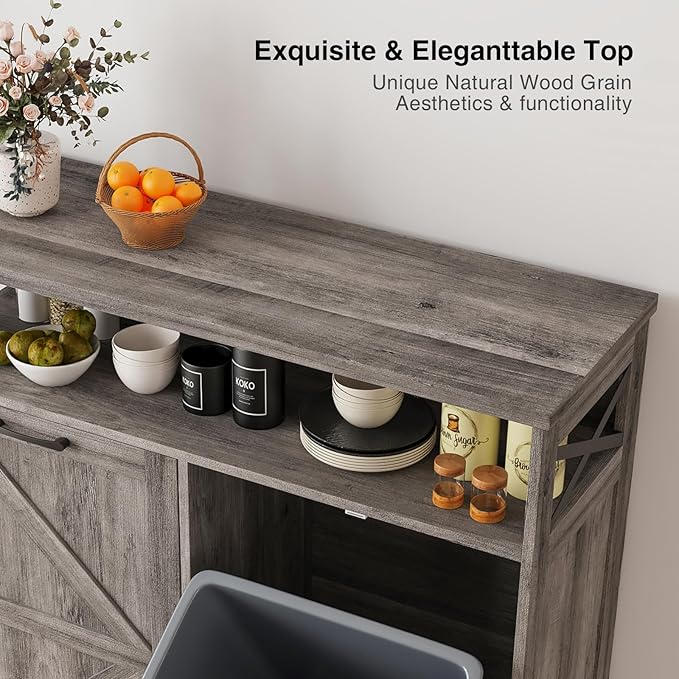 Double Tilt Out Trash Can Cabinet for 13 * 2 Gallon Garbage Can, Farmhouse Kitchen Garbage Trash Bin for Hidden Laundry Basket, Dual Dog Proof Recycling Cabinet for Dining Living Room, Grey