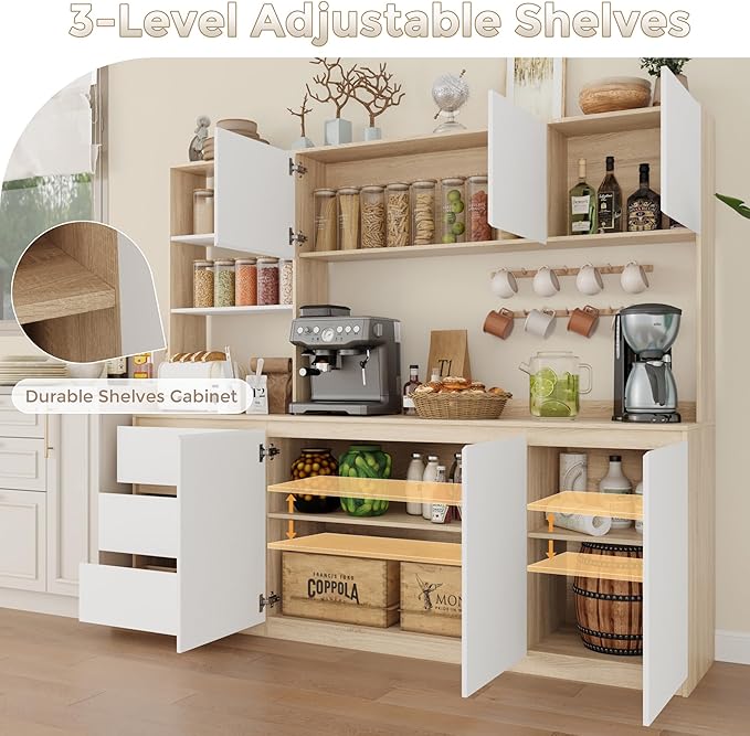 Large Kitchen Hutch Cabinet with Microwave Stand, Storage Cupboard Pantry with 3-Tier External Shelves and 3 Drawers, Ktichen Food Pantry with Open Countertop for Dining Room, White + Walnut