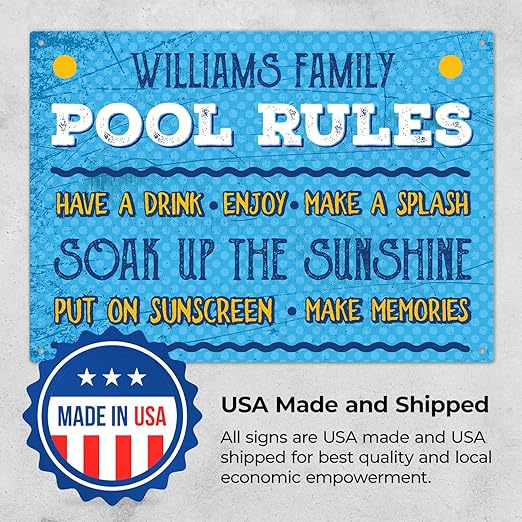 Custom Pool Sign, Pool Rules Make A Splash For Pool Décor Sign, 10x14 Inches, Rust Free .040 Aluminum, Fade Resistant, Made in USA by Sigo Signs