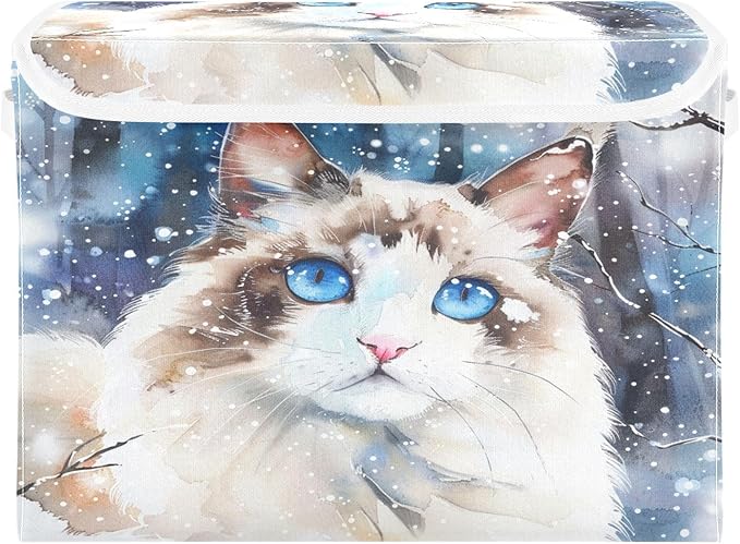 senya Winter Baskets Collapsible Storage Bins with Lids, Ragdoll Cat in The Snow Storage Boxes Clothes Baskets for Organizing