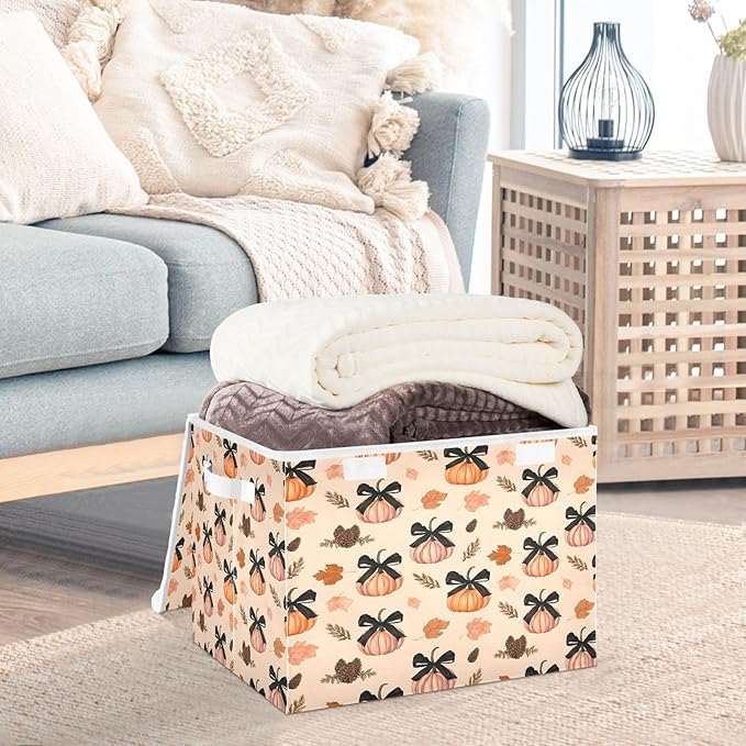 Bolaz Storage Bins with Lids and Handles,Pumpkin Black Bows Leave Pattern Storage Box Basket with Cover Collapsible Organizer Containers for Home Closet, Shelves