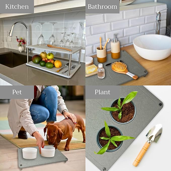 GRUZAM 2 Pcs Stone Dish Drying Mat, 2 Tier Dish Drying Stone for Kitchen Counter with Absorbent Dish Drying Mat, Stone Dish Drying Rack, Flexible Stone drying rack (Sandstone, 15.6" x 11.7" x 6.7")