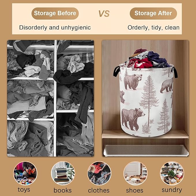 Large Laundry Basket,Retro Bear Collapsible Laundry Baskets,Forest Printed Waterproof Oxford Hamper with Handles for Bathroom Bedroom Nursery Home Storage 16"x20"