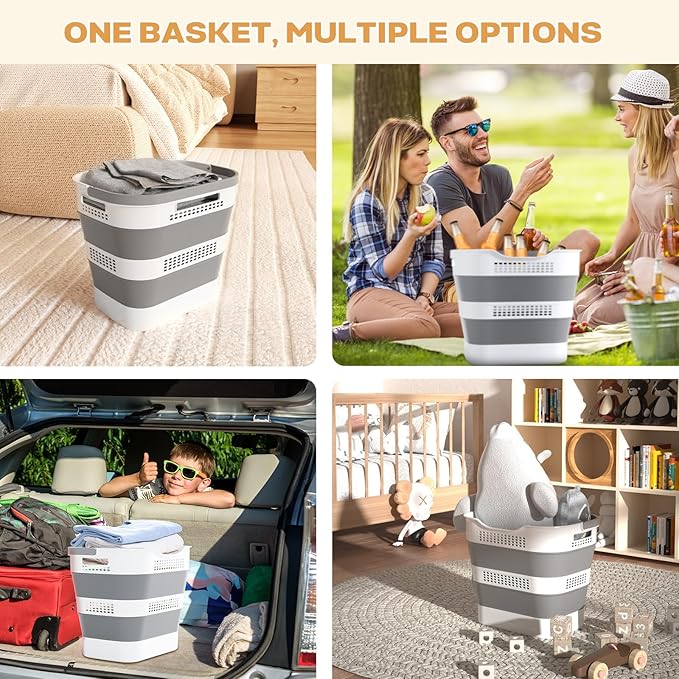 OOAMBB 43L(11.5Gallon) Collapsible Laundry Basket with Handles, Foldable Laundry Basket Plastc,Pop Up Tall Storage Container/Organizer/Clothes Hamper for Laundry (Grey,1 Pack)