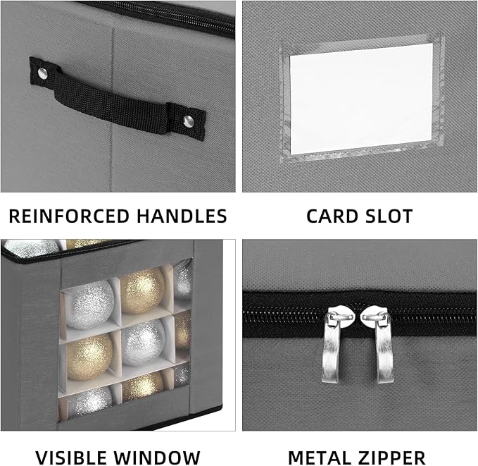 JY COOKMENT Christmas Ornament Storage Box with Adjustable Dividers, Premium Holiday Ornaments Storage Container Bin with Zippered Top for Xmas Decorations (64-3" Balls, Gray, Without Tray)