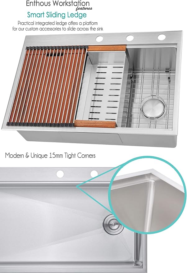 33” x 22” Workstation Topmount/Drop-in Stainless Steel Sink, 16-Gauge Bowl 15mm Radius, Accessories Includes Bottom Protective Grid, Dish Rack, Colander, Strainer & Cutting Board