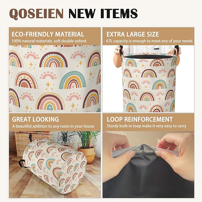 Boho Rainbows Laundry Basket,Stars Sparkles Collapsible Laundry Baskets with Handles,Waterproof Oxford Cloth Storage Basket 16"x20" for Bathroom/Bedroom/Dormitories