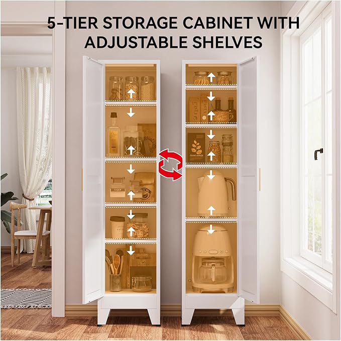 67" Tall Storage Cabinet with Reversible Doors and Adjustable Shelves,Metal Slim Freestanding Cabinets for Bathroom Kitchen Garage Small Spaces,White