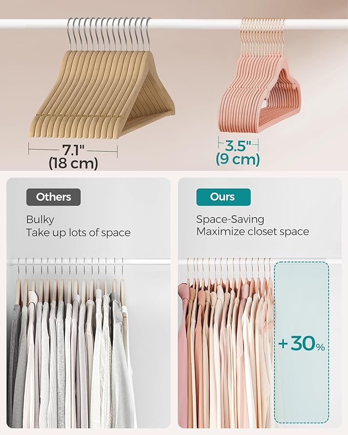 SONGMICS Velvet Hangers 100 Pack, Non-Slip Clothes Hangers with Shoulder Notches, Pants Bar, 360° Swivel Hook, Space-Saving, for Closet, Jelly Pink UCRF029R100