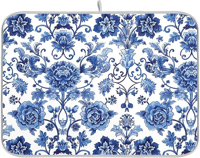 Blue White Porcelain Peony Dish Drying Mat for Kitchen Countertop 18x24 Rectangle Large Drying Mat Reusable Quick Dry Dish Sink Absorbent Mats Dishwasher Easy Clean Decorative Home Decor Essentials