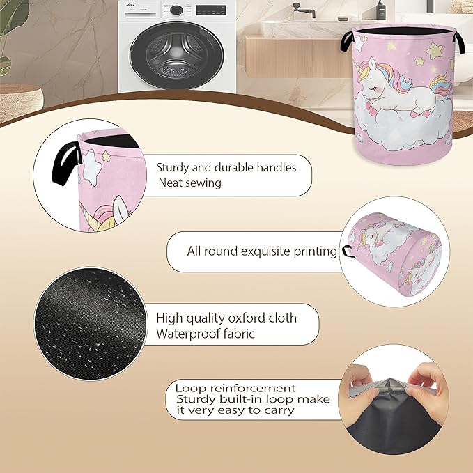 Laundry Hamper,Cute Unicorn Laundry Basket,Girls Pink Stars Portable Collapsible Laundry Room Organization Storage for Dorm Room,Nursery,Bathroom,Bedroom,16x20 Inch
