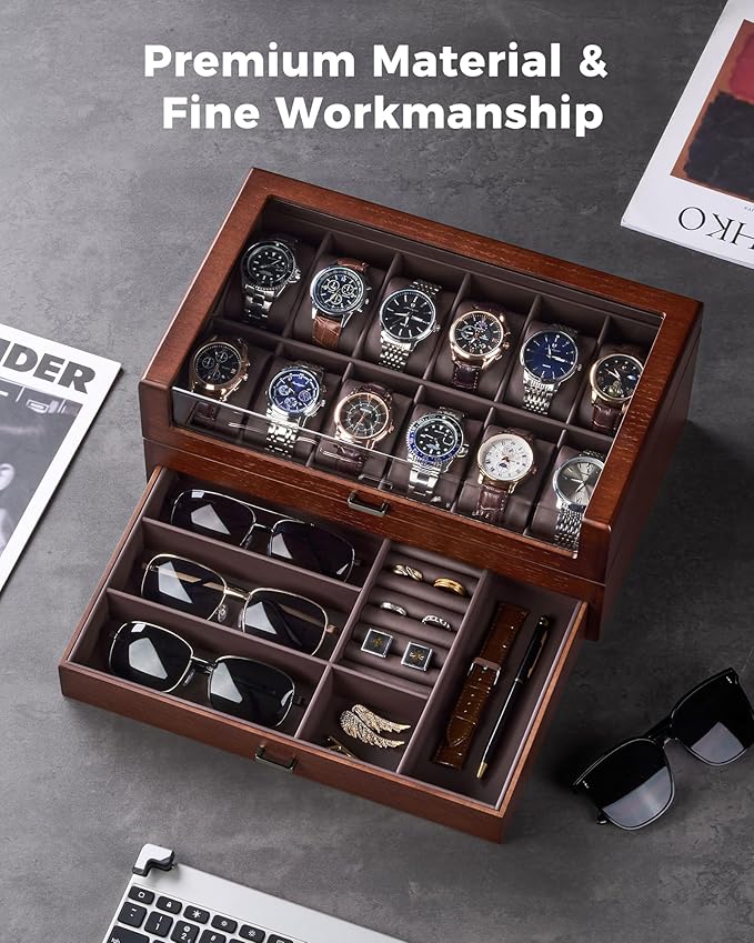 ProCase Wooden Watch Box for Men, Wood Watch Display Case Men's Jewelry Organizer Box with Drawer -12 Slot, Walnut
